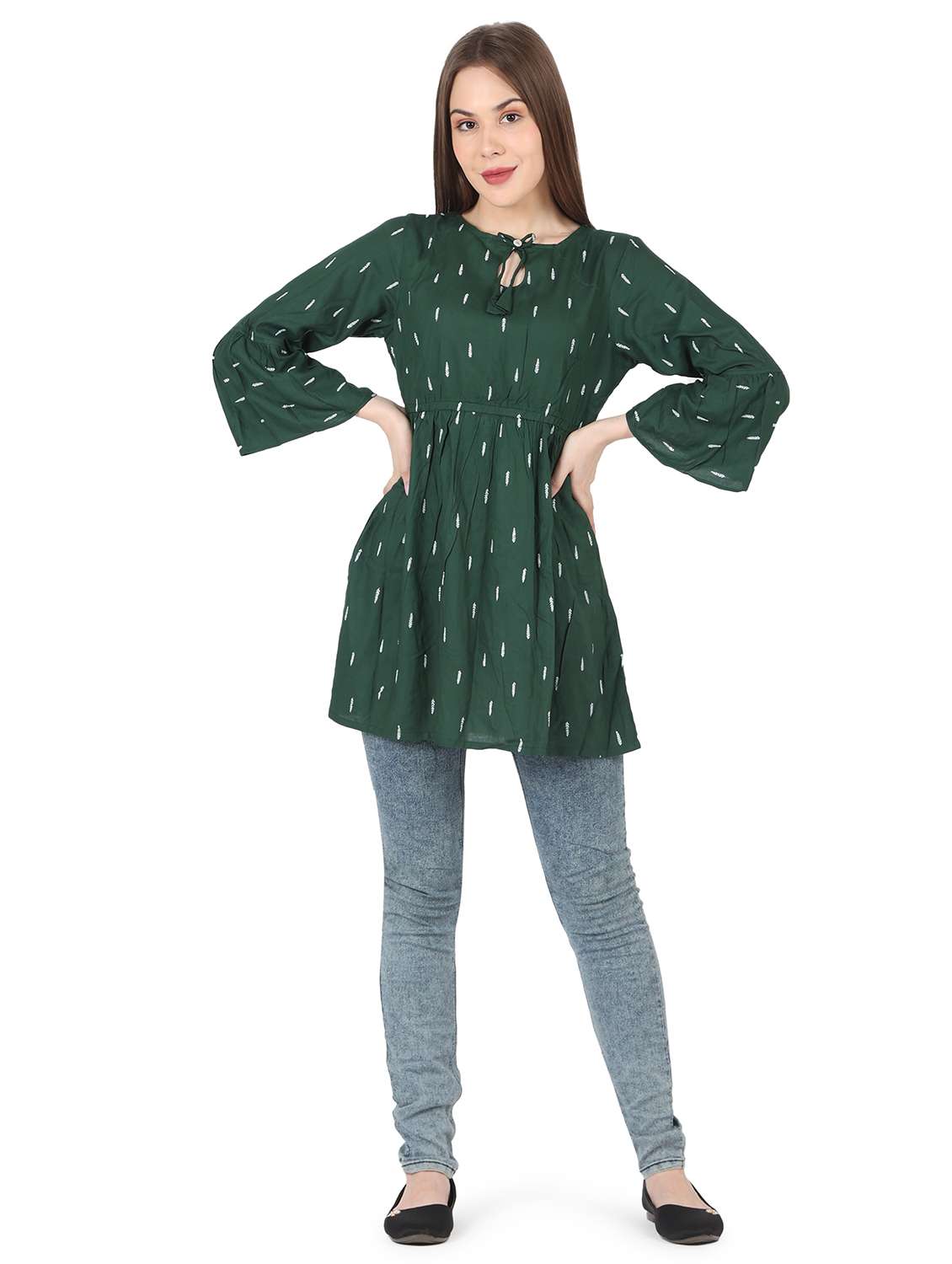 women printed bell sleeve long a-line tunic - 22140607 - Standard Image - 5