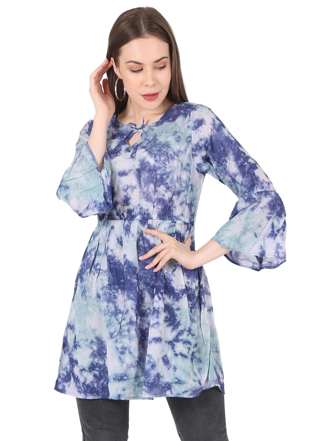 women printed bell sleeve long flared top