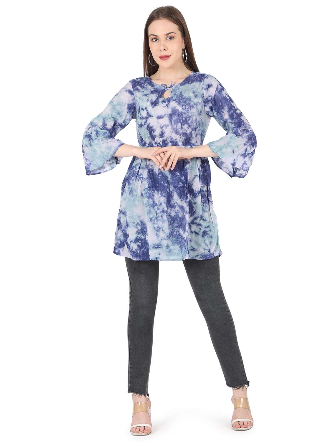 women printed bell sleeve long flared top - 22140608 - Standard Image - 5
