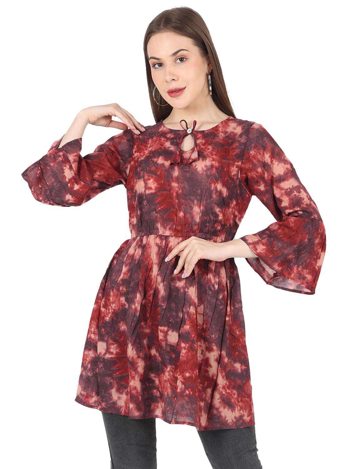 women printed bell sleeve long flared top - 22140609 - Zoom Image - 0