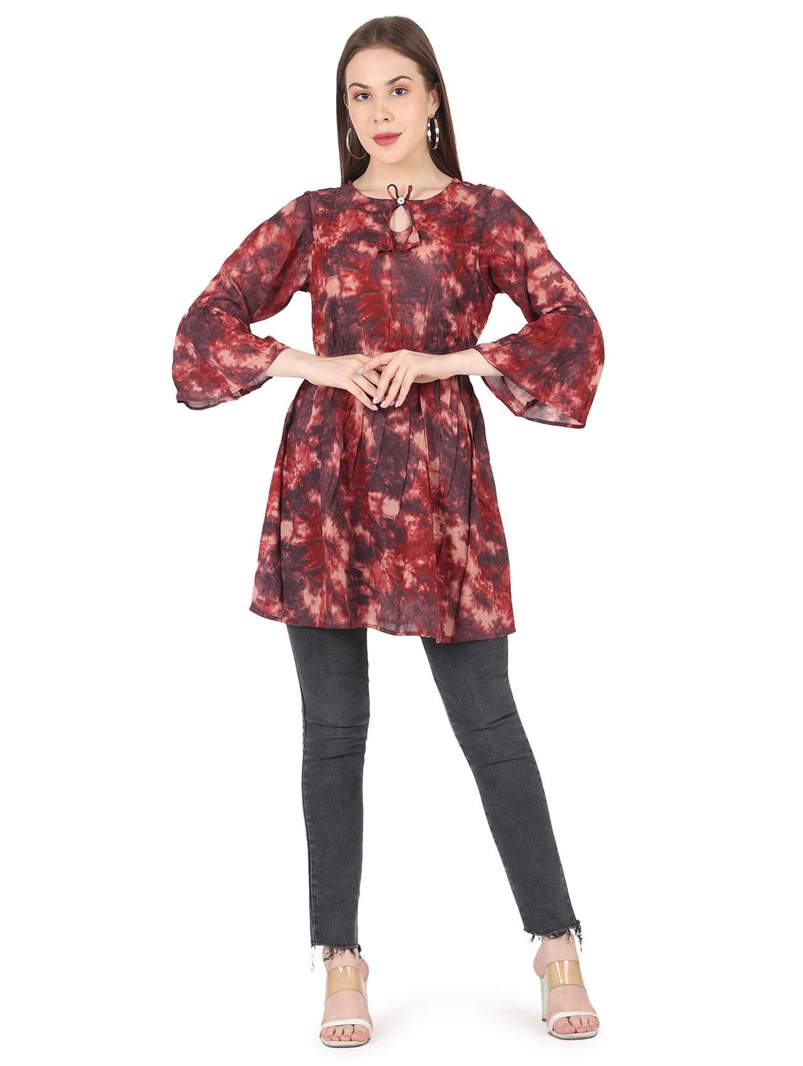 women printed bell sleeve long flared top - 22140609 - Standard Image - 5