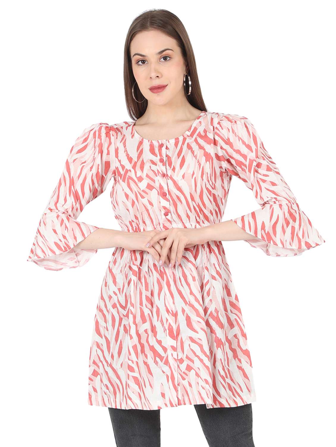 women printed bell sleeve long a-line tunic