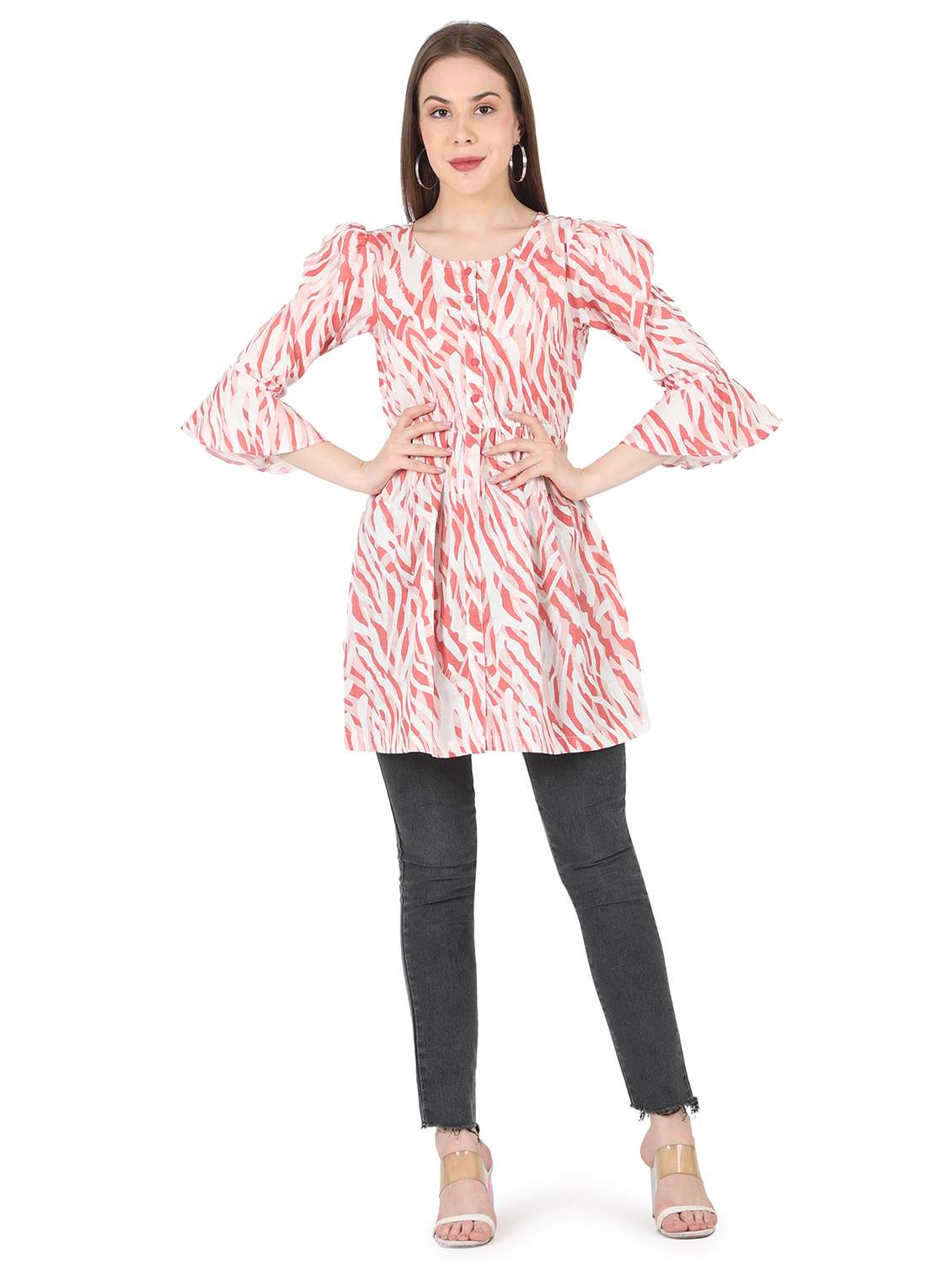 women printed bell sleeve long a-line tunic - 22140610 - Standard Image - 5