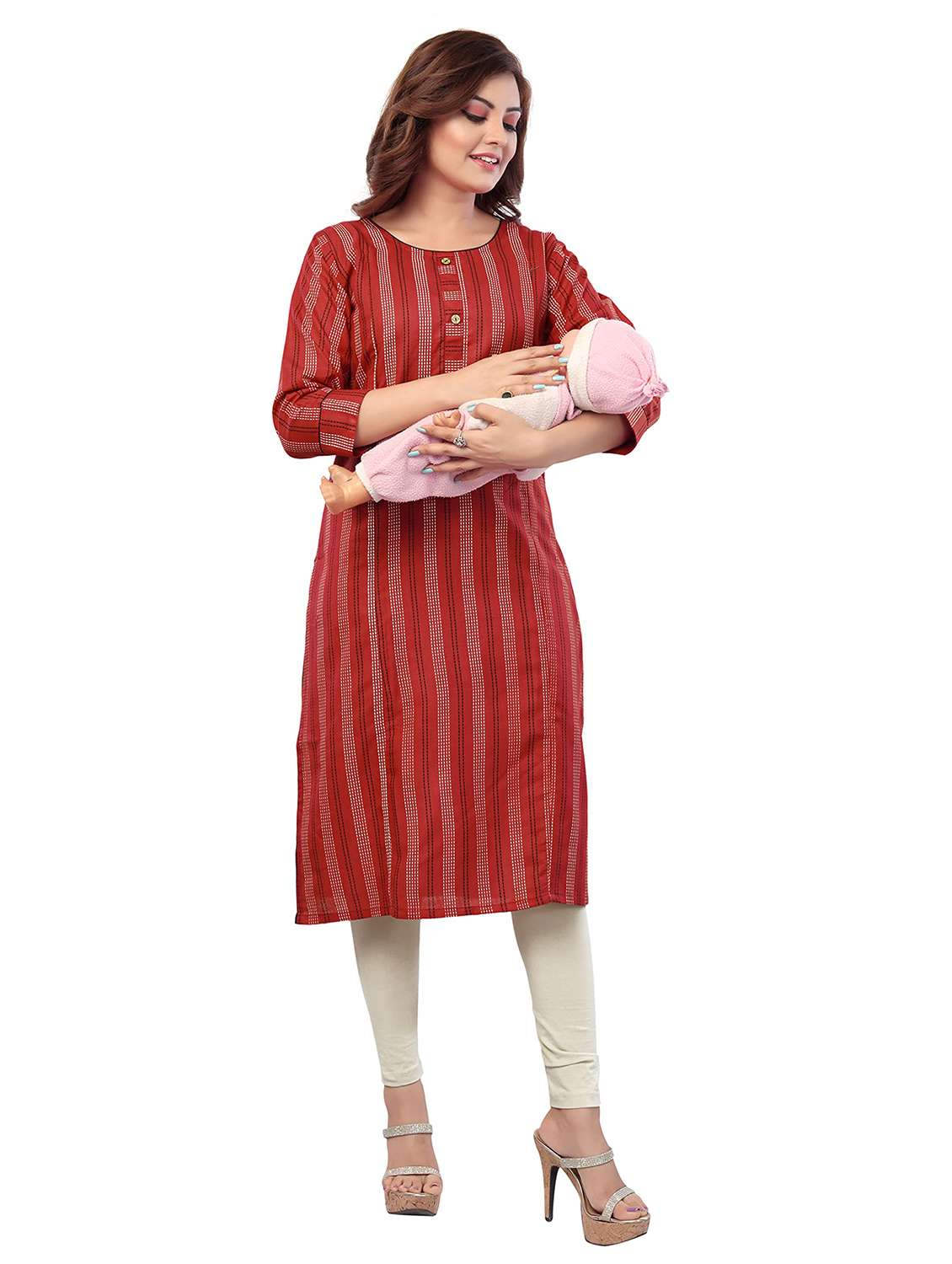 women self design three quarter sleeve maternity wear kurta