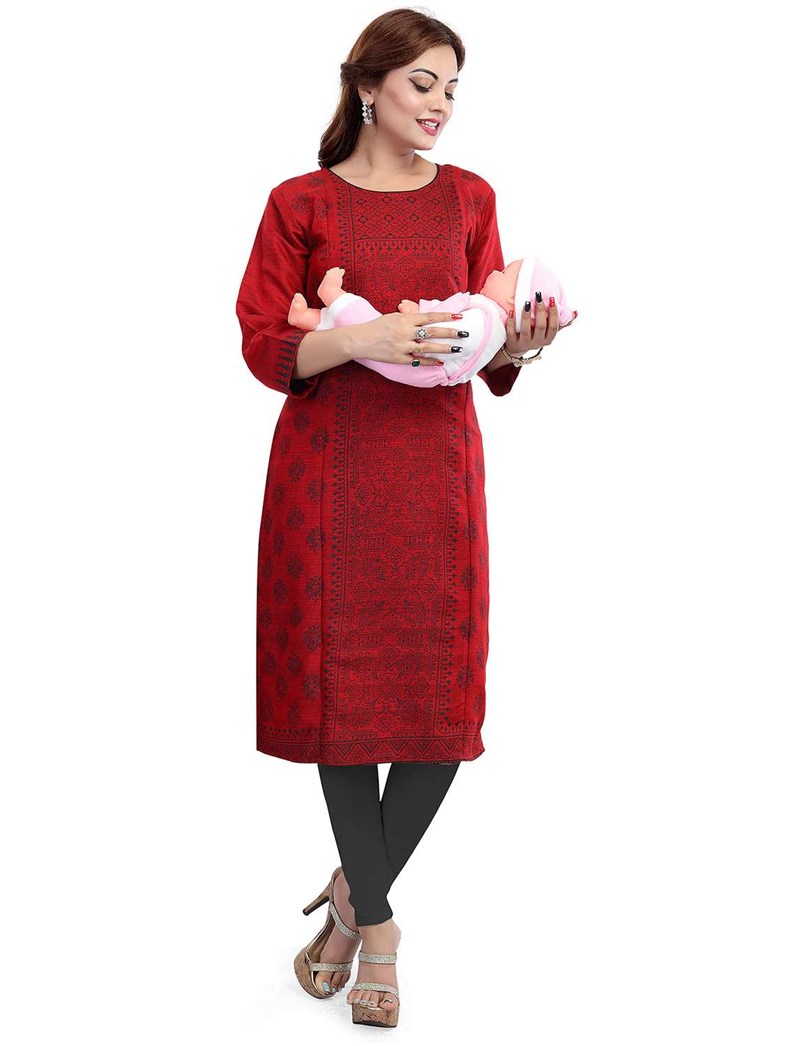 women printed three quarter sleeve maternity wear kurta