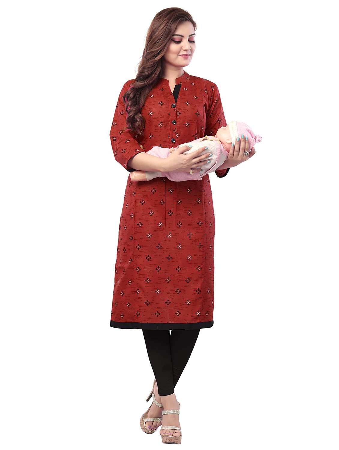 women printed three quarter sleeve maternity wear kurta