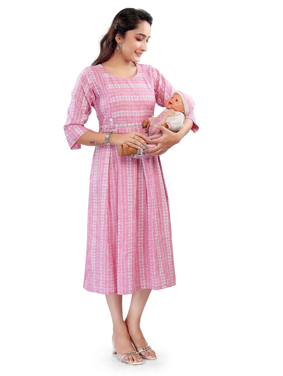women self design three quarter sleeve maternity wear dress