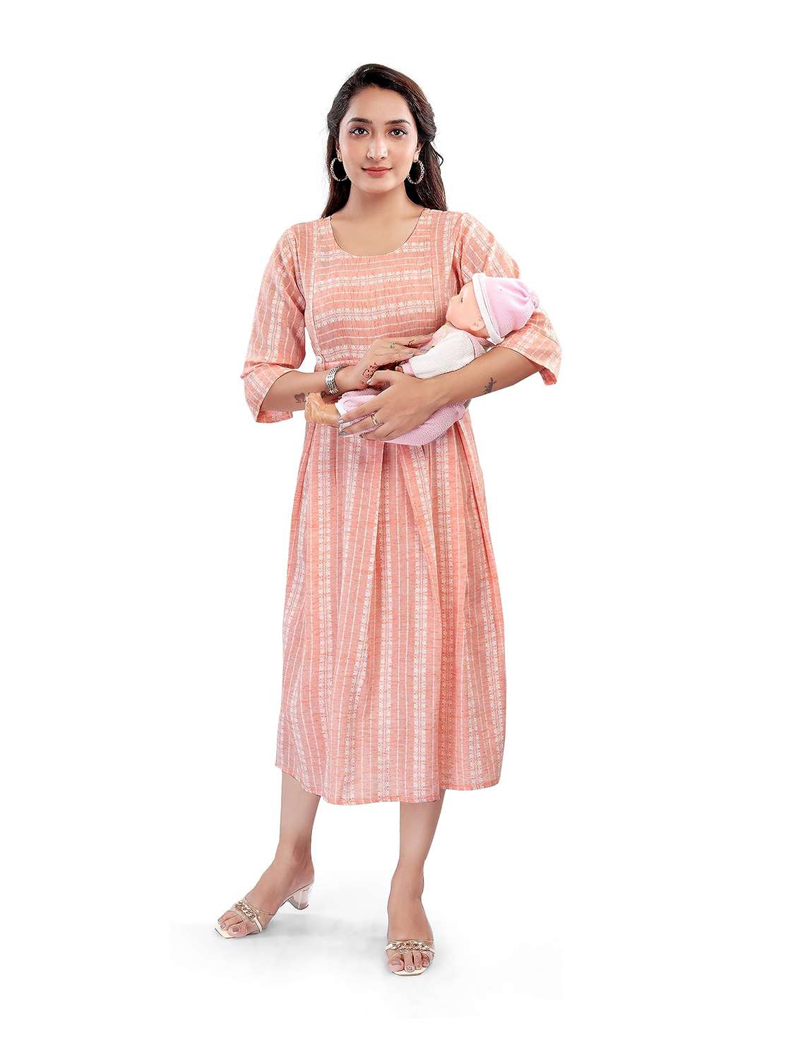 women self design three quarter sleeve maternity wear dress