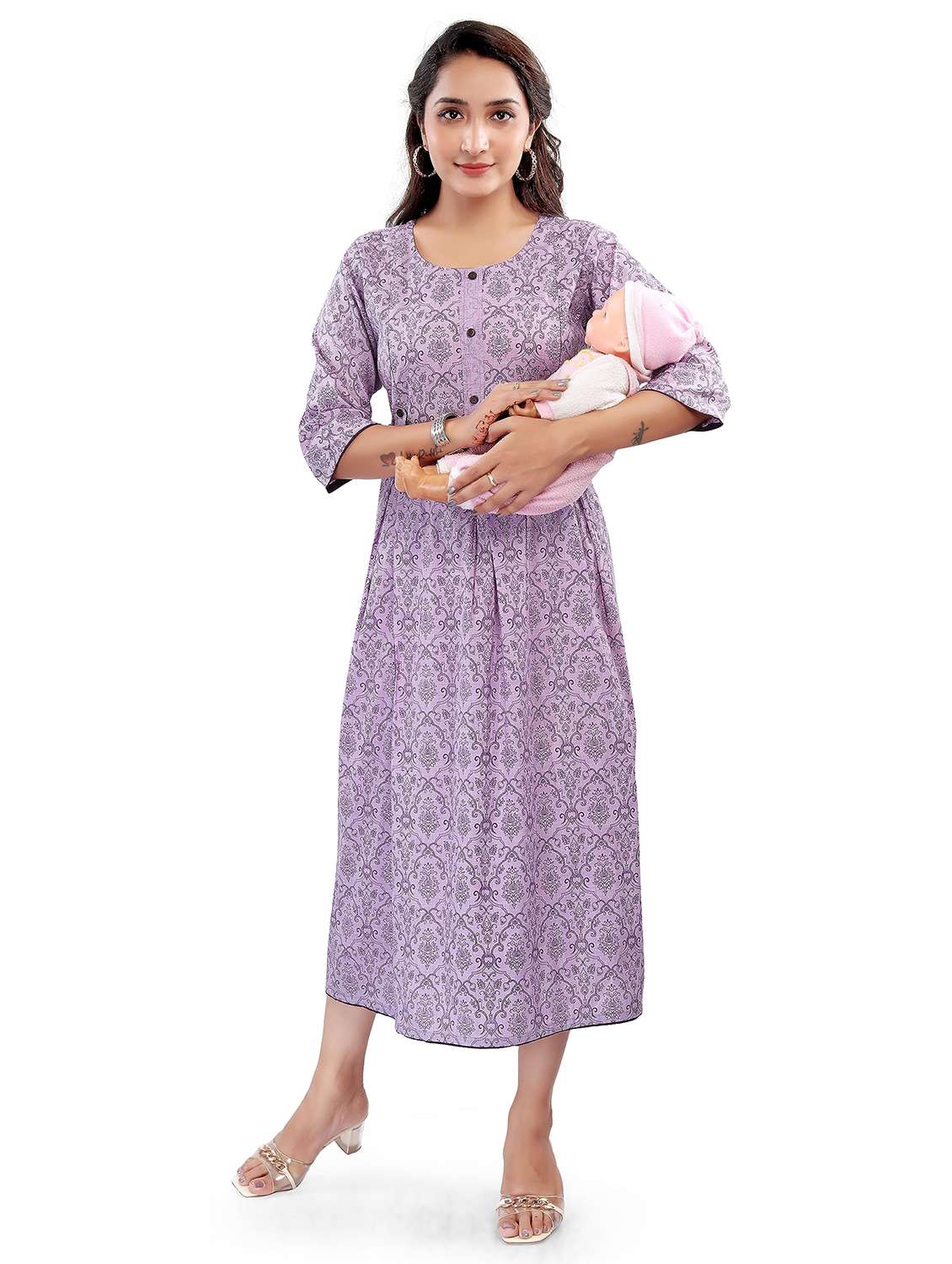 women printed three quarter sleeve maternity wear dress