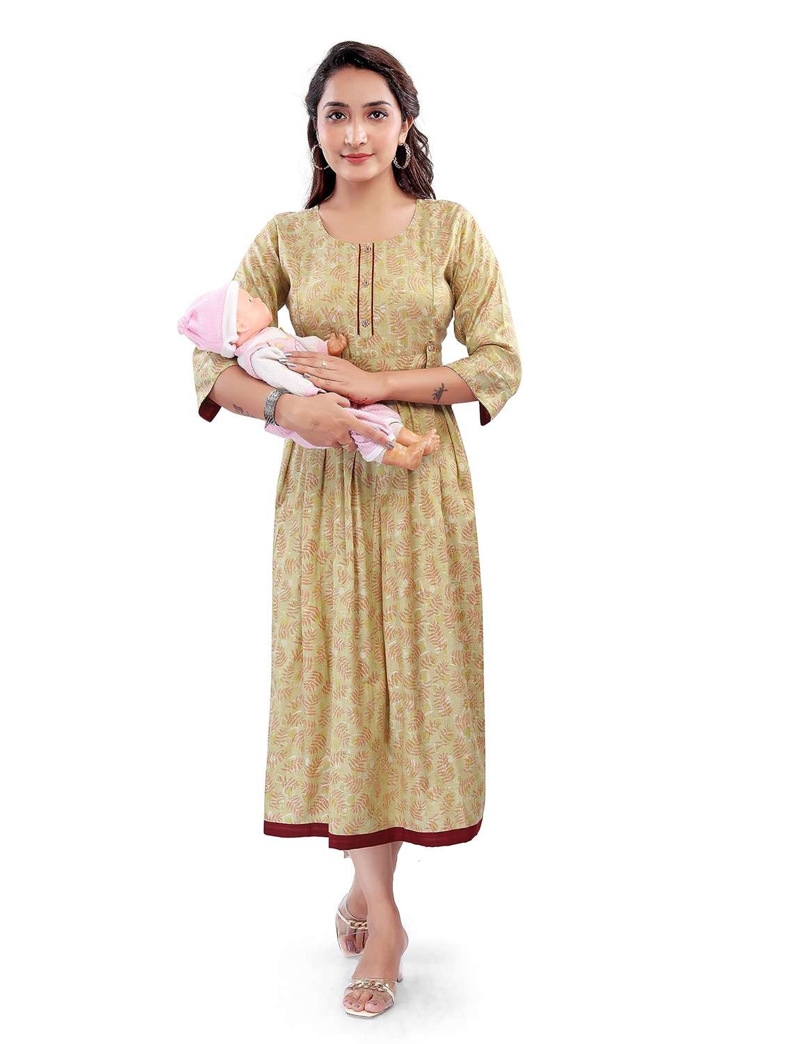 women printed three quarter sleeve maternity wear dress