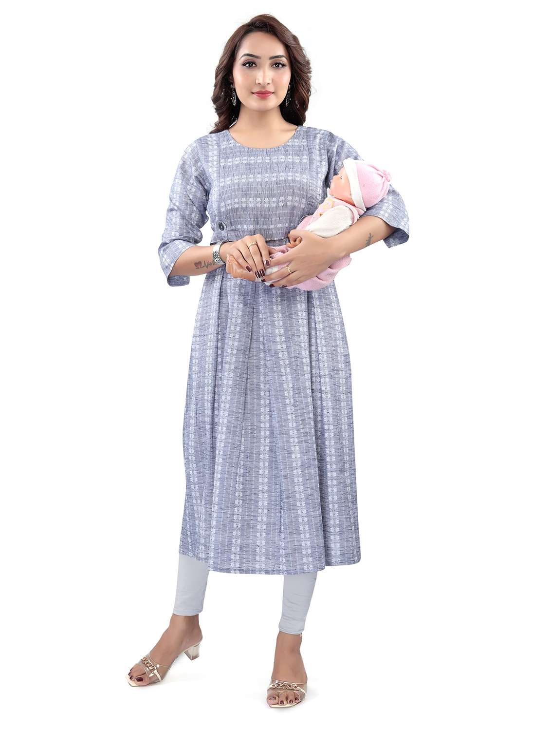 women self design three quarter sleeve maternity wear kurta