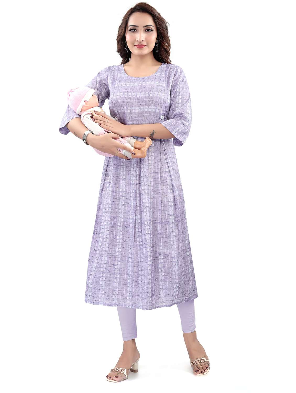 women self design three quarter sleeve maternity wear kurta