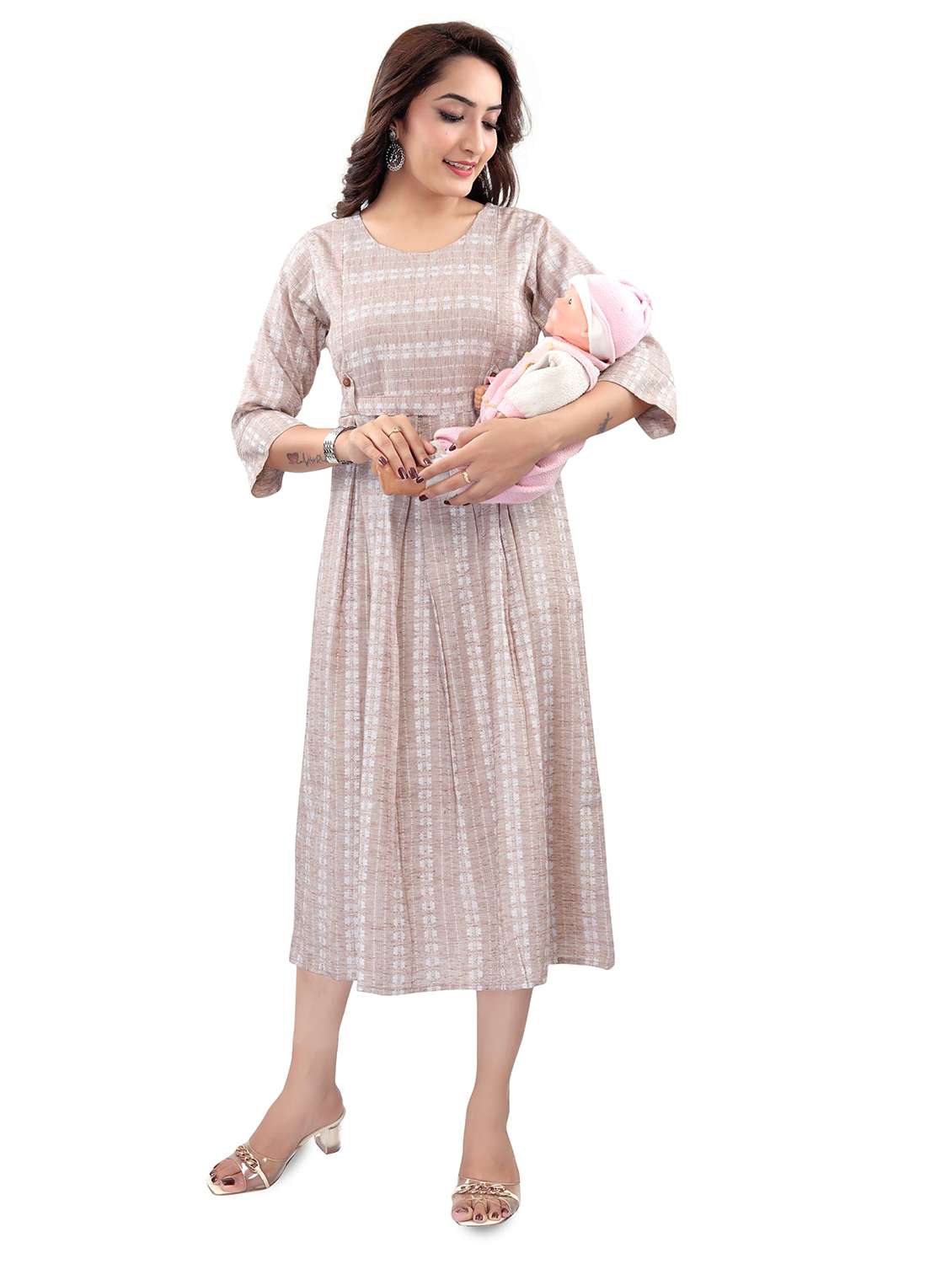 women self design three quarter sleeve maternity wear dress