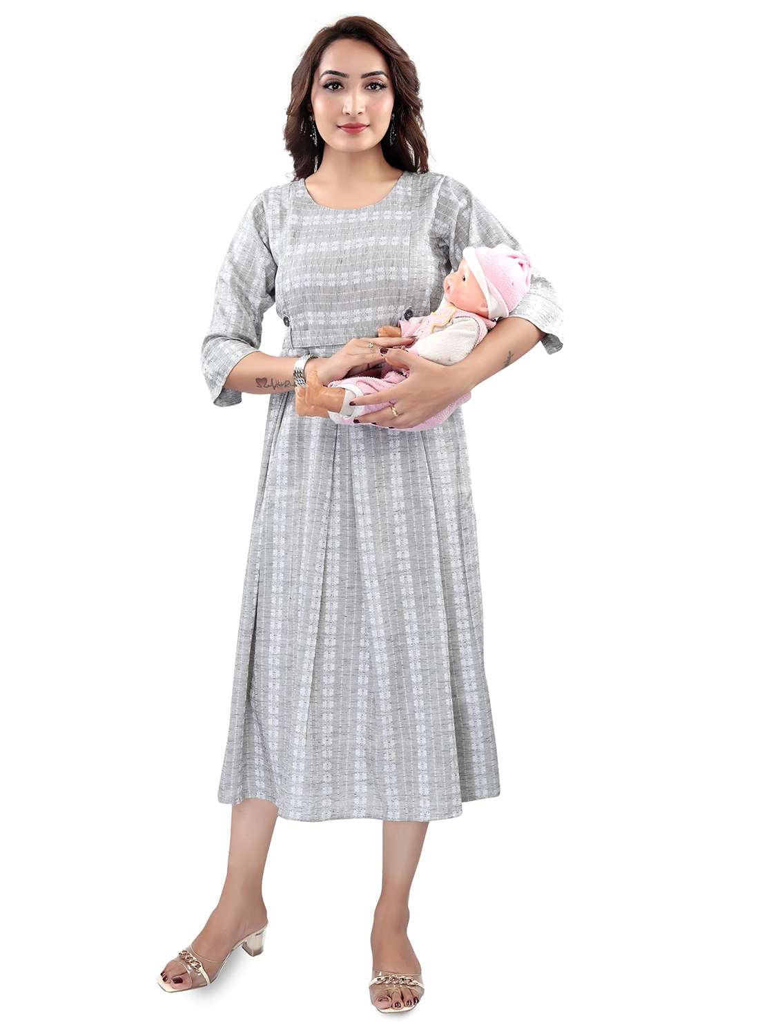 women self design three quarter sleeve maternity wear dress
