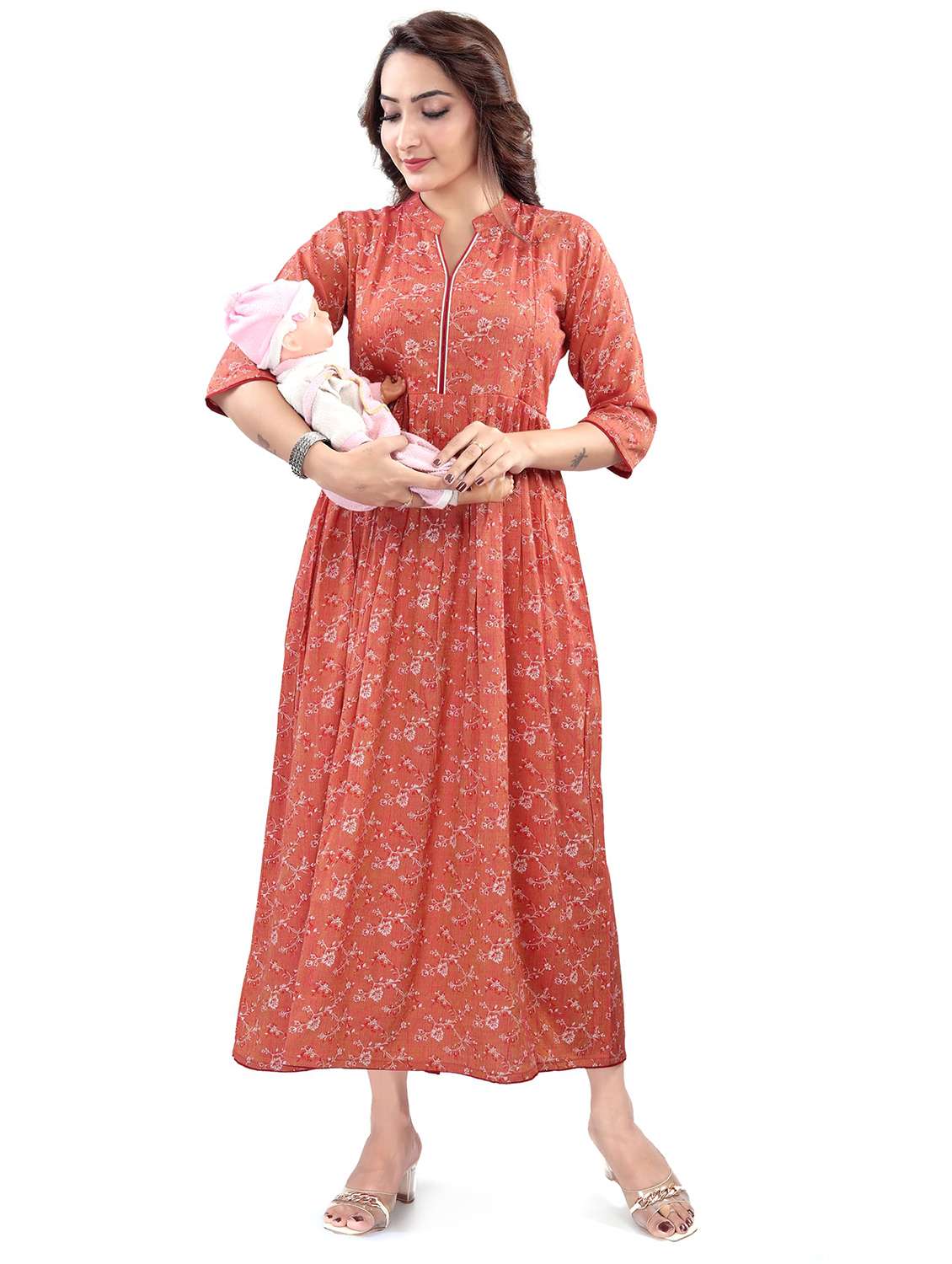 women floral printed three quarter sleeve maternity wear dress