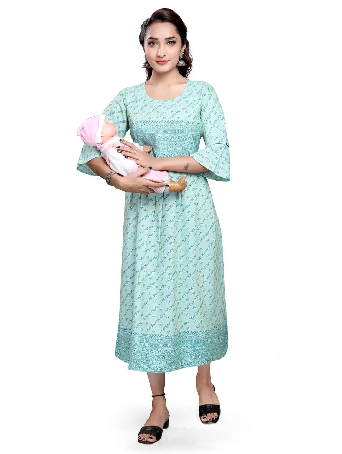 women printed three quarter sleeve maternity wear dress
