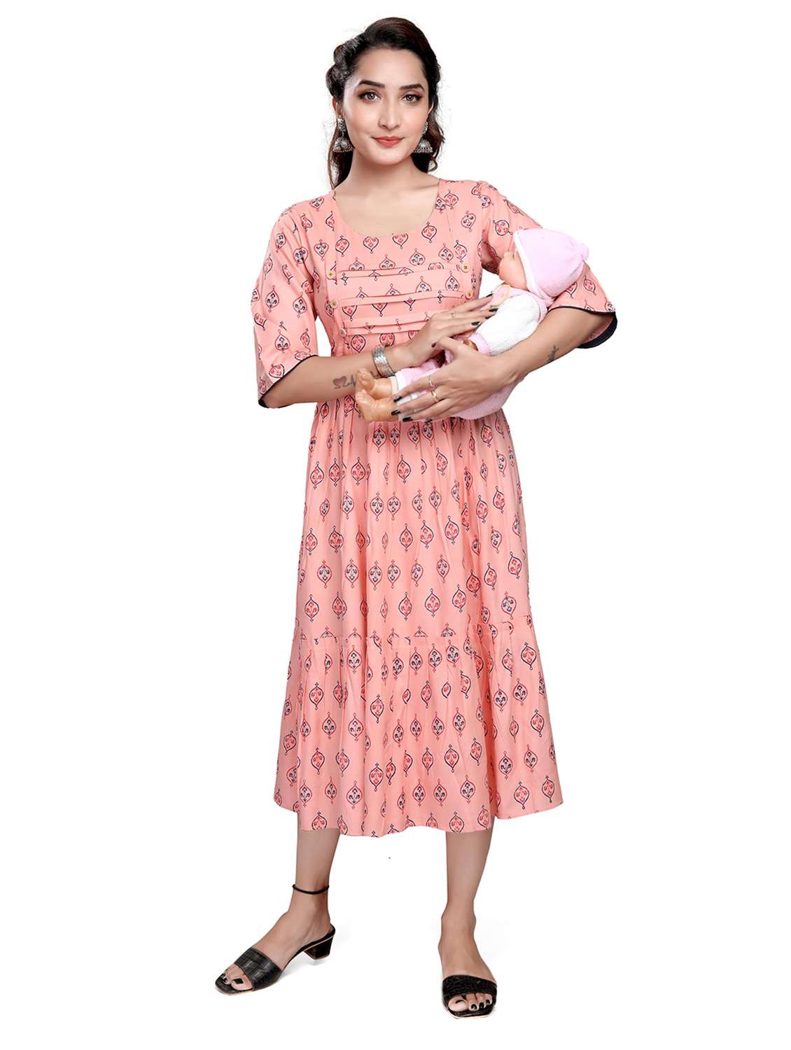 women printed three quarter sleeve maternity wear dress