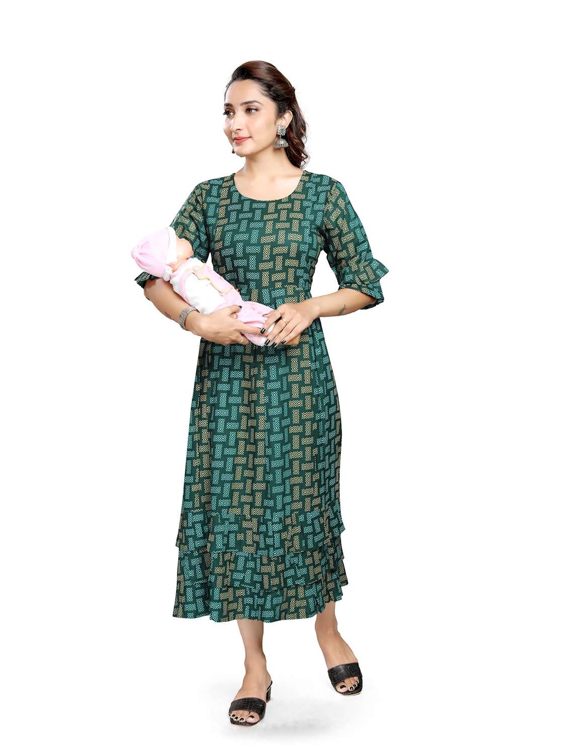 women printed three quarter sleeve maternity wear dress