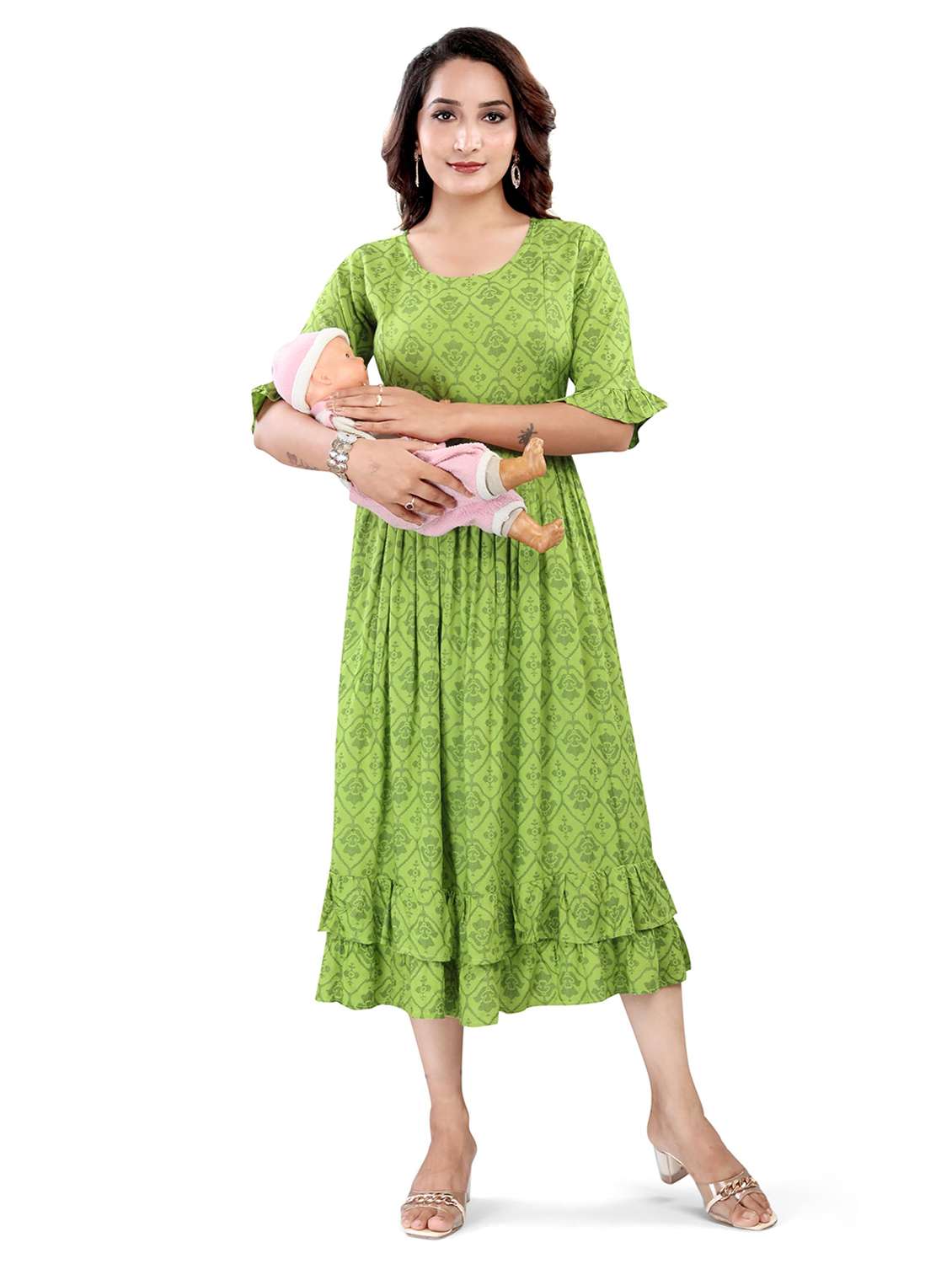 women printed three quarter sleeve maternity wear dress