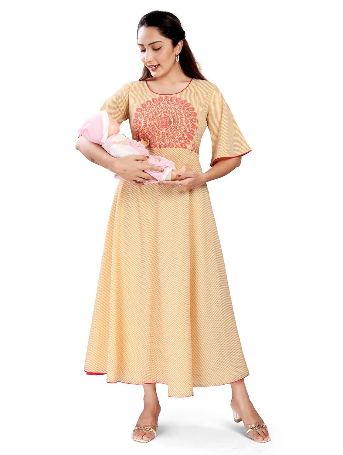 women printed flared sleeve maternity wear dress