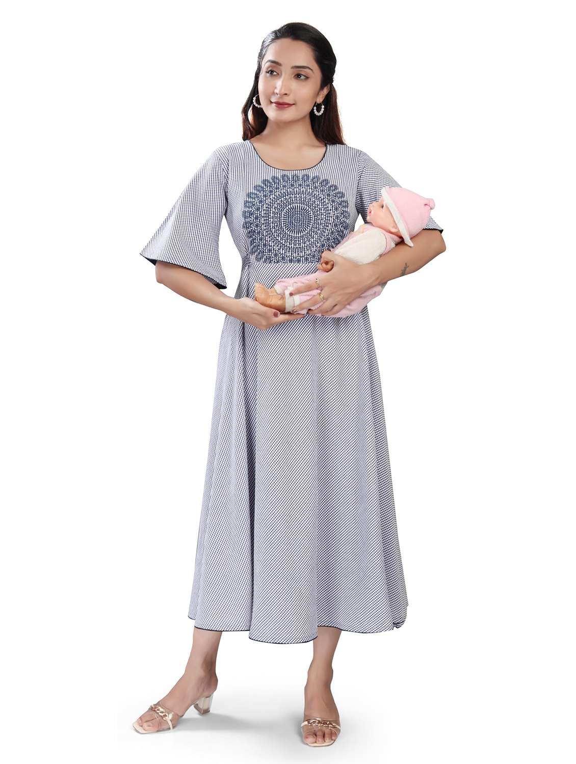 women printed flared sleeve maternity wear dress