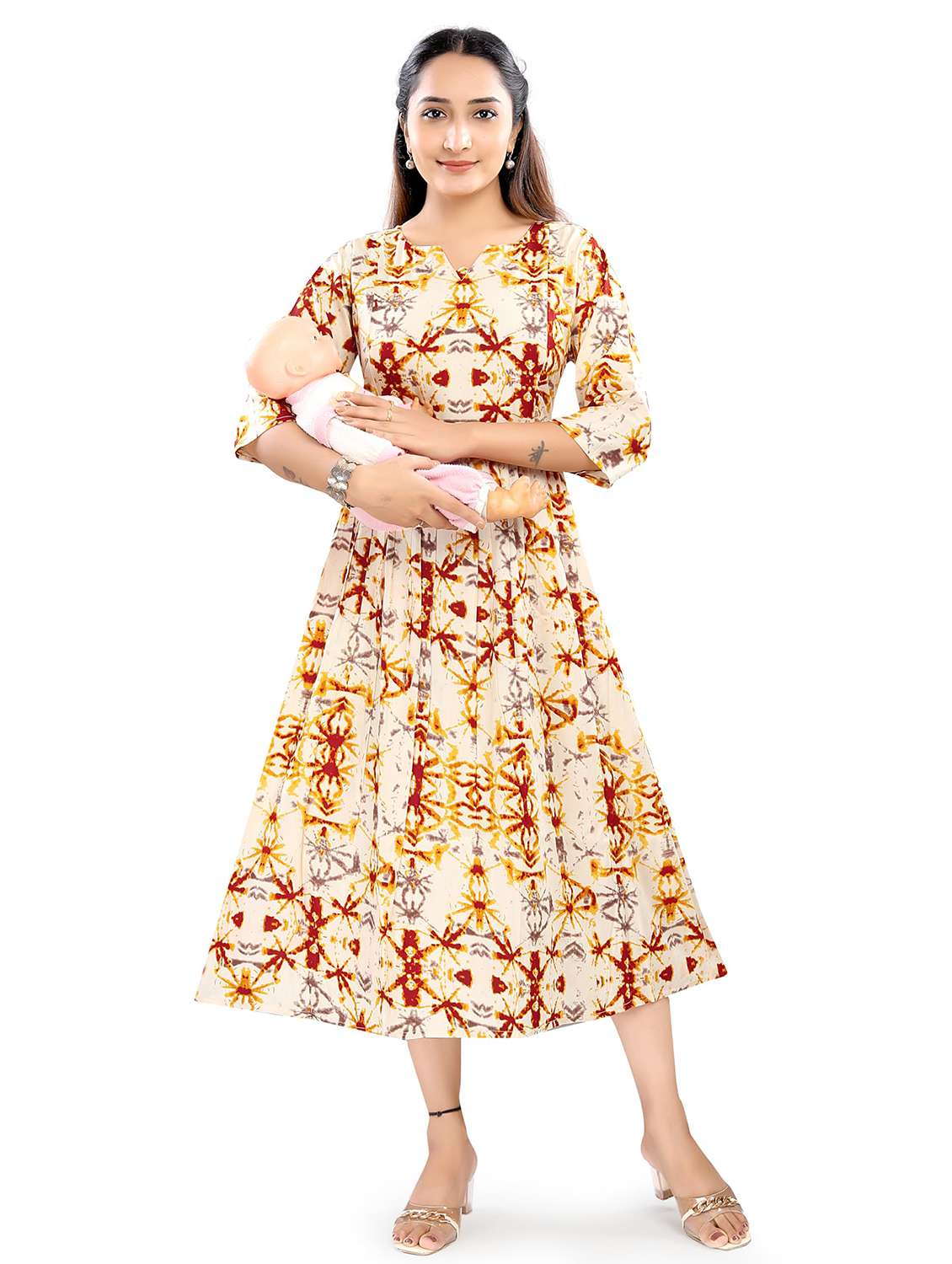 women printed three quarter sleeve maternity wear dress