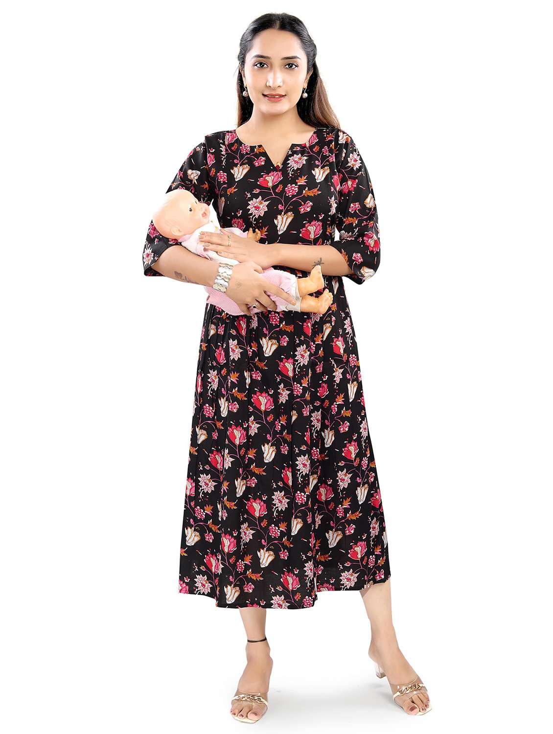 women floral printed three quarter sleeve maternity wear dress
