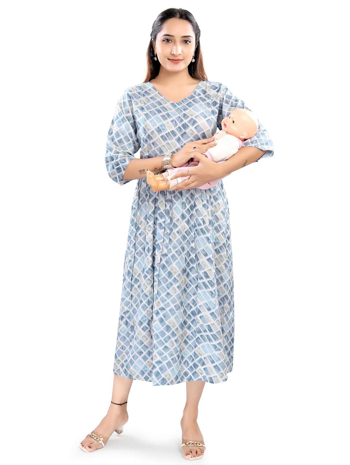 women printed three quarter sleeve maternity wear dress