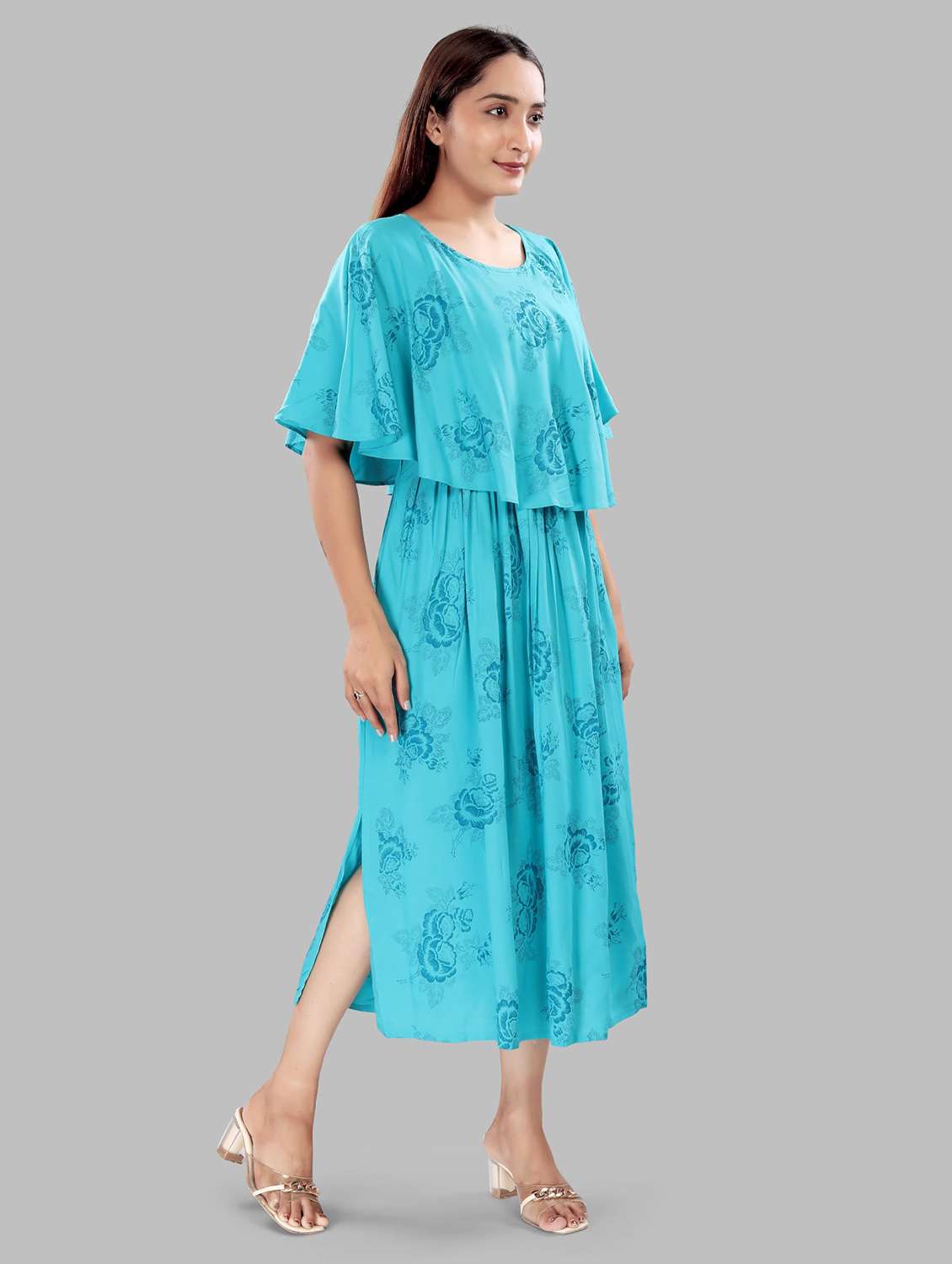 women floral printed cape sleeve maternity wear dress - 22140730 -  Standard Image - 3