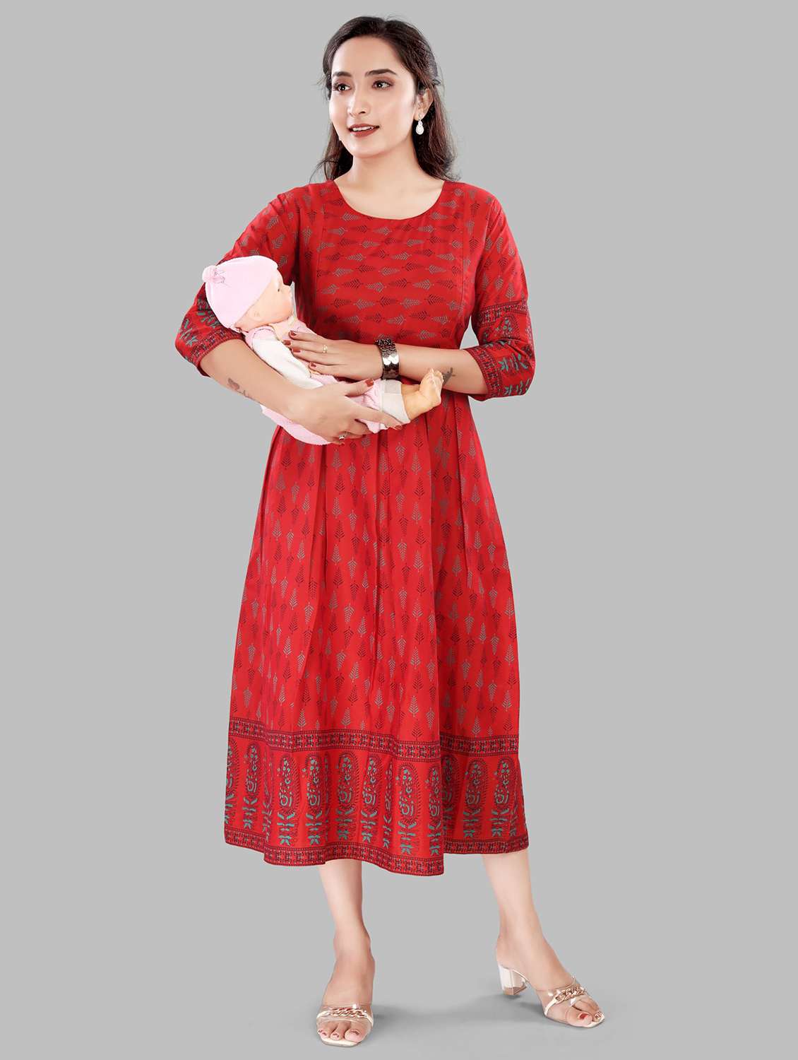women printed three quarter sleeve maternity wear dress