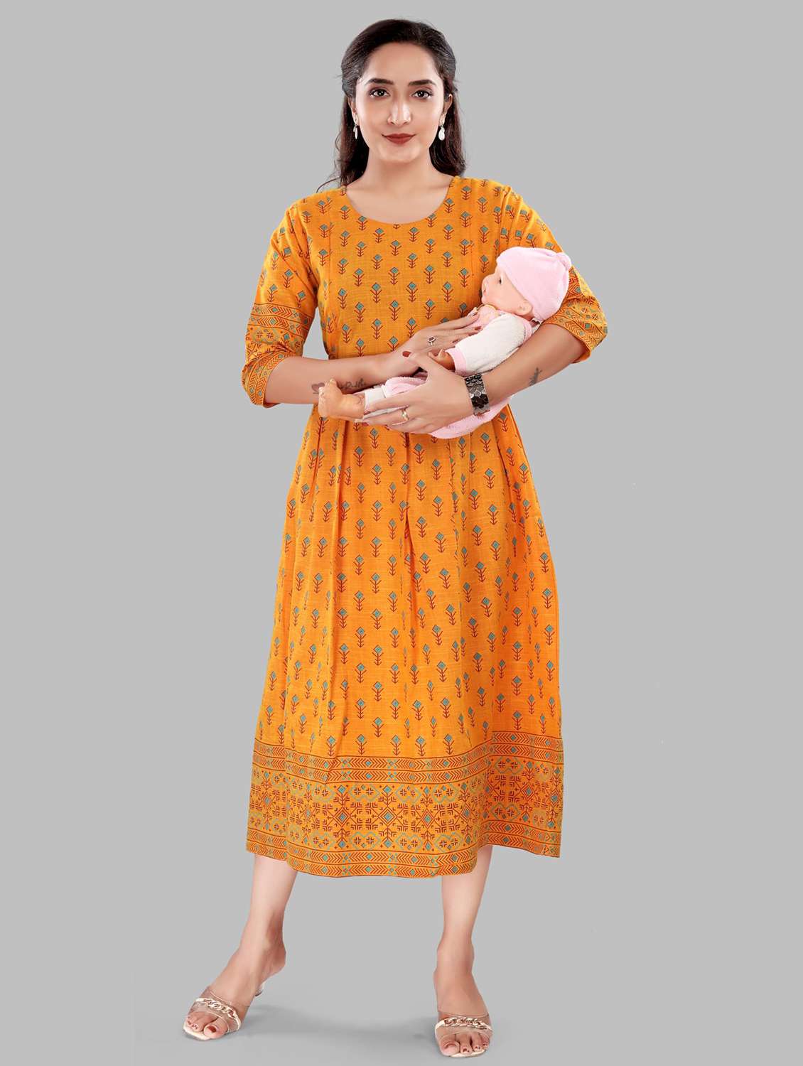 women printed three quarter sleeve maternity wear dress