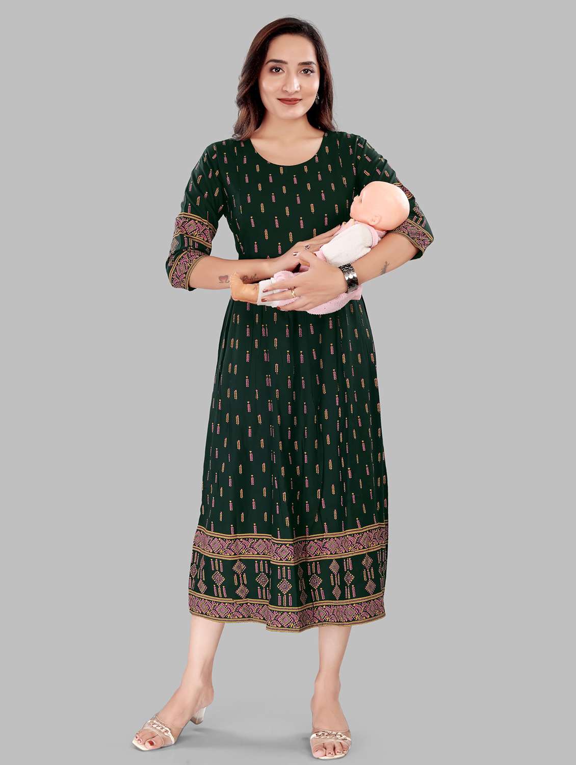 women printed three quarter sleeve maternity wear dress