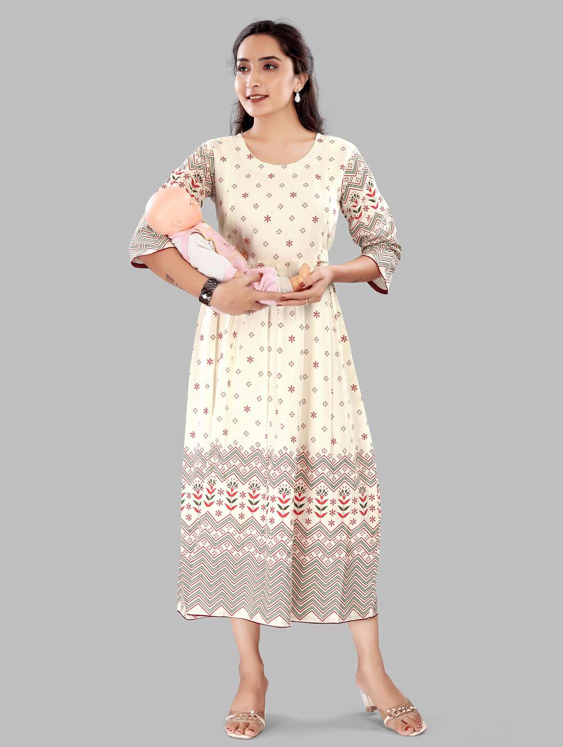 women printed three quarter sleeve maternity wear dress