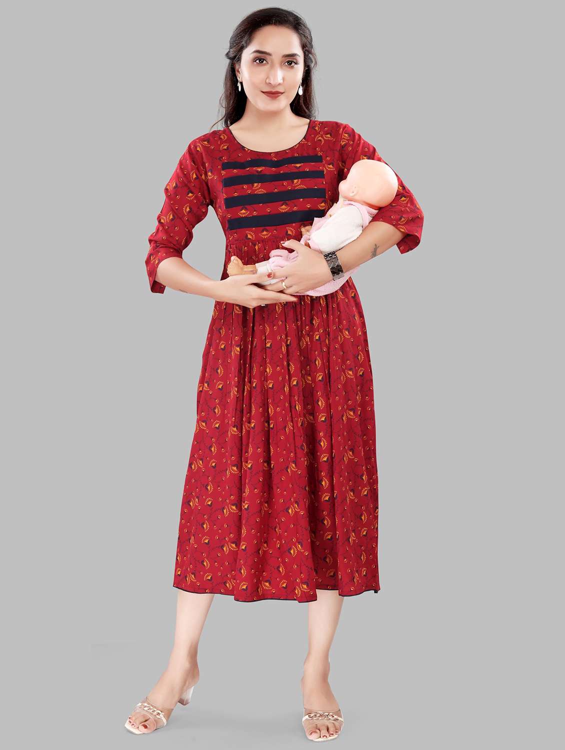 women printed three quarter sleeve maternity wear dress