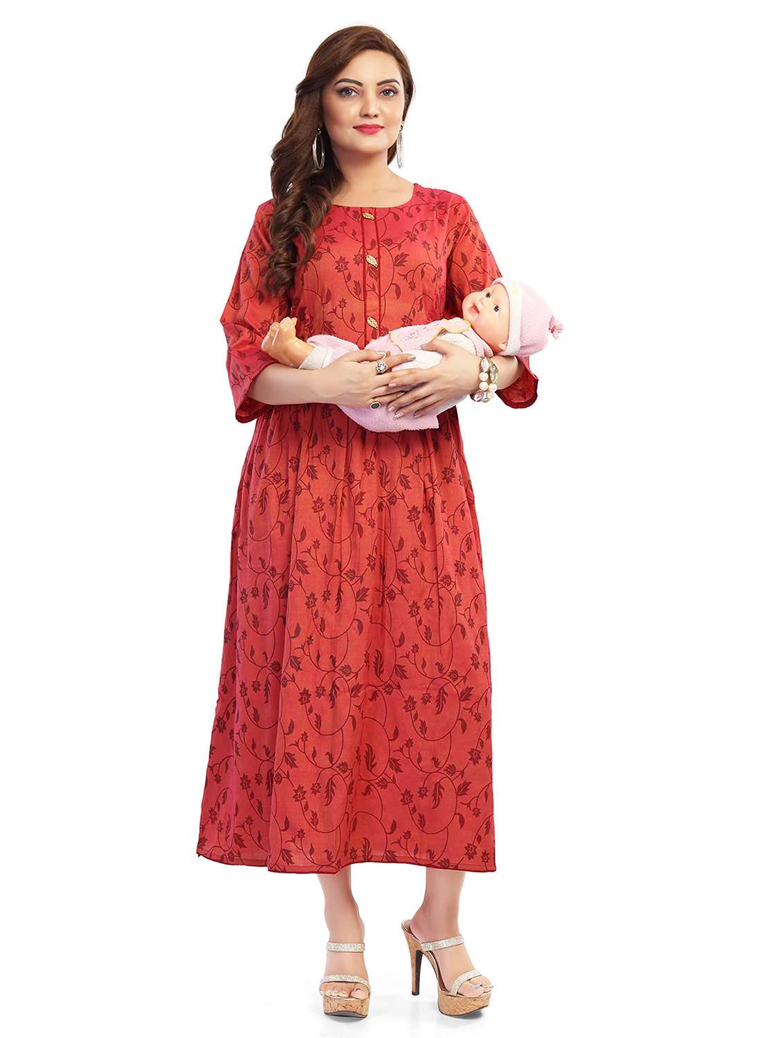 women printed three quarter sleeve maternity wear dress