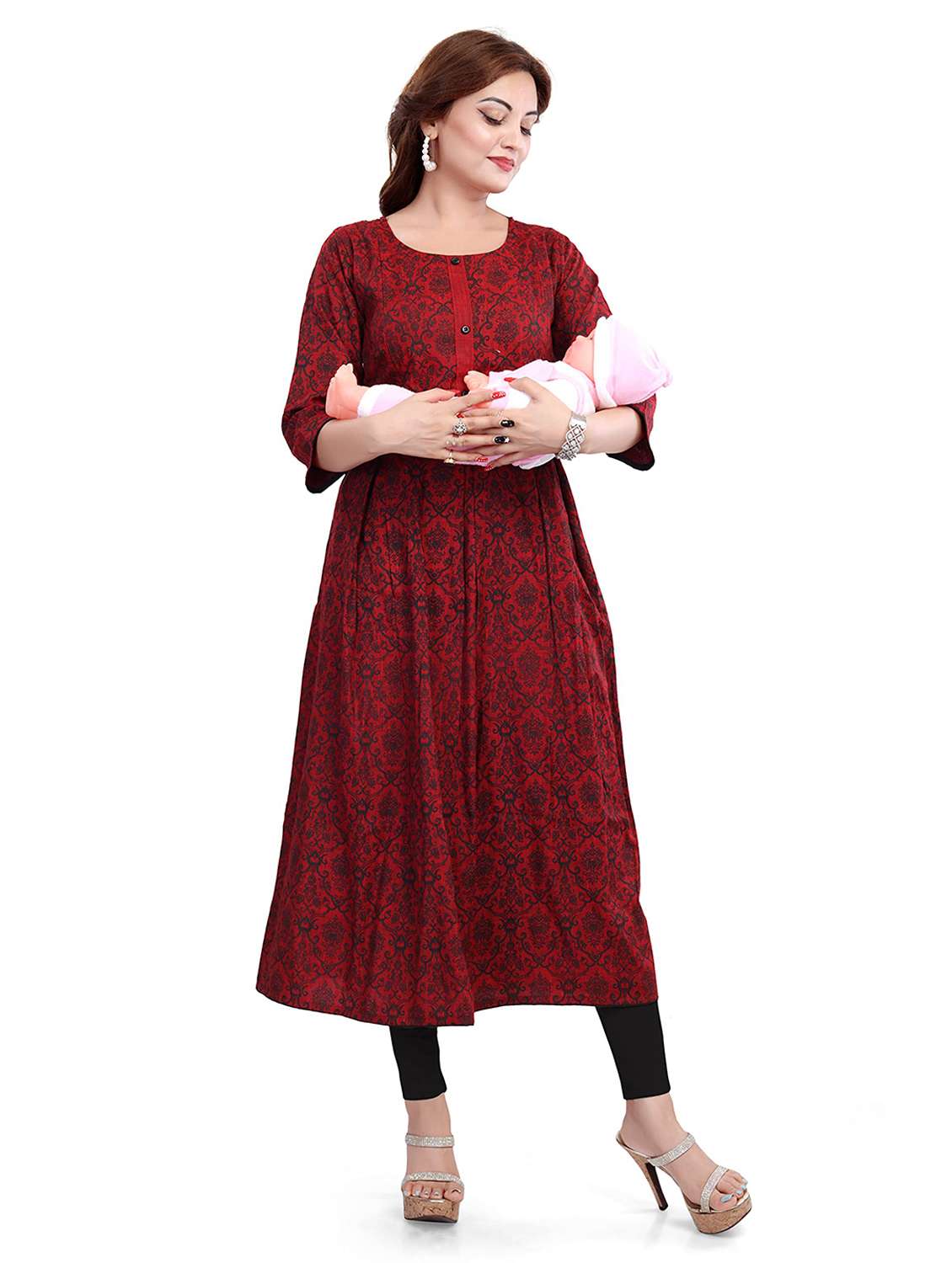 women printed three quarter sleeve maternity wear kurta