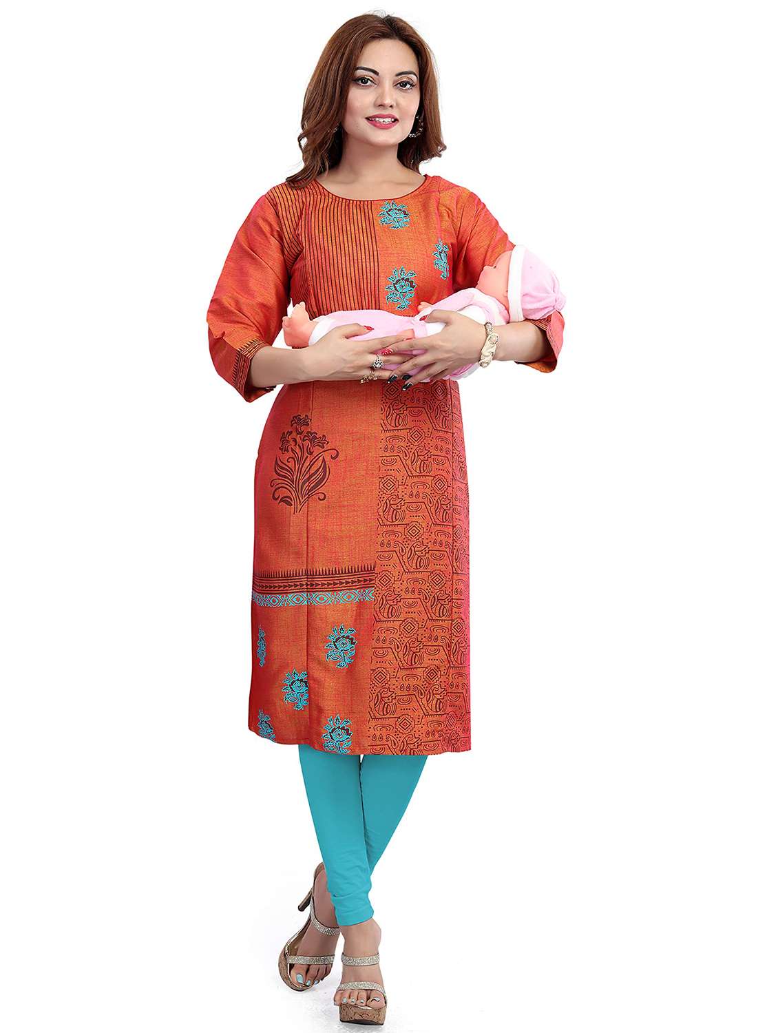 women printed three quarter sleeve maternity wear kurta