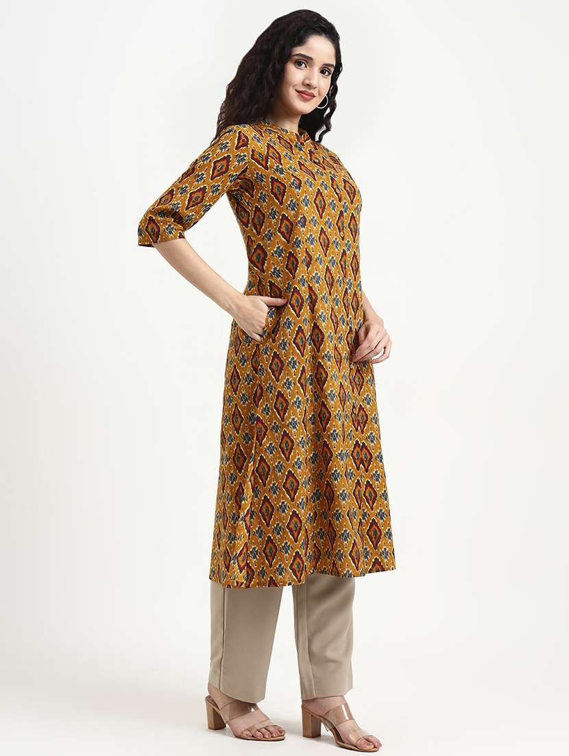 women ikat printed three quarter sleeve a-line kurta - 22140763 - Standard Image - 3