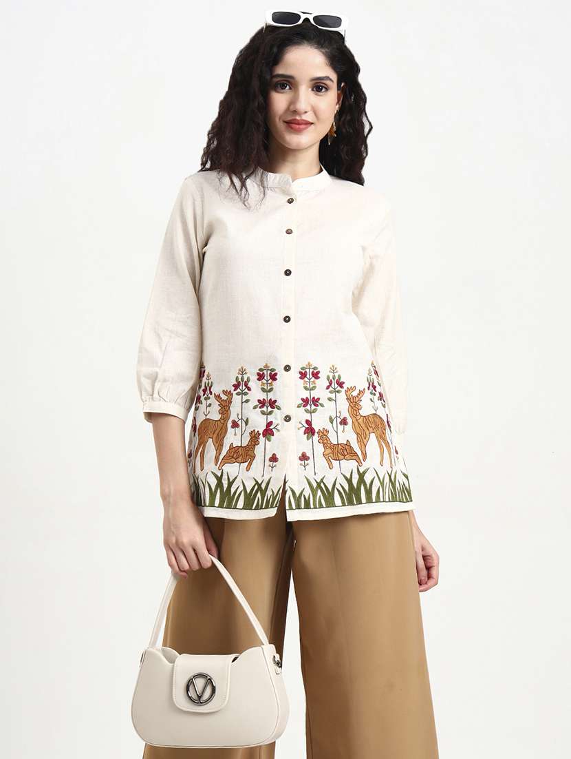 women embroidered three quarter sleeve shirt top