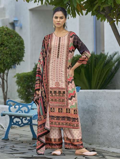 women printed three quarter sleeve kurta palazzo with dupatta set - 22140797 - Standard Image - 0