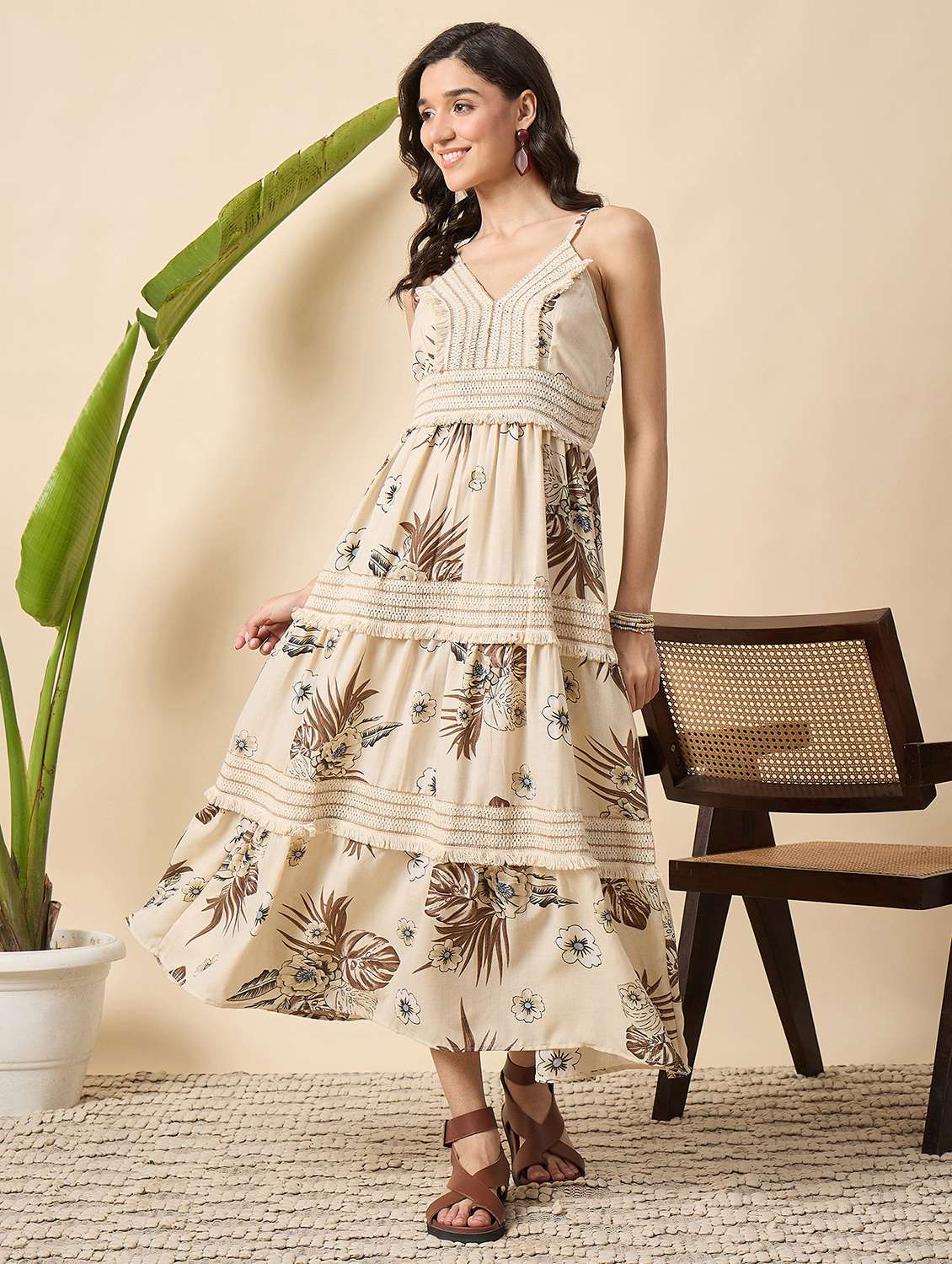women floral print shoulder strap tiered dress