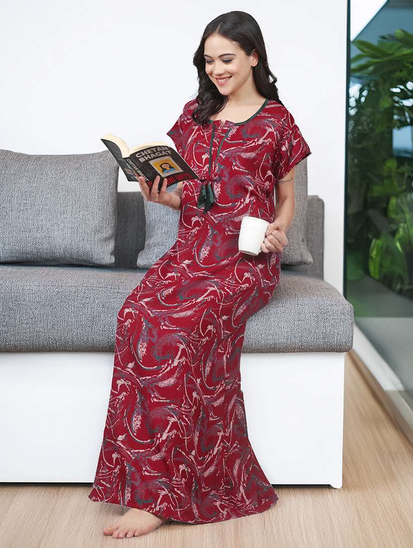 women printed short sleeve nighty with pocket