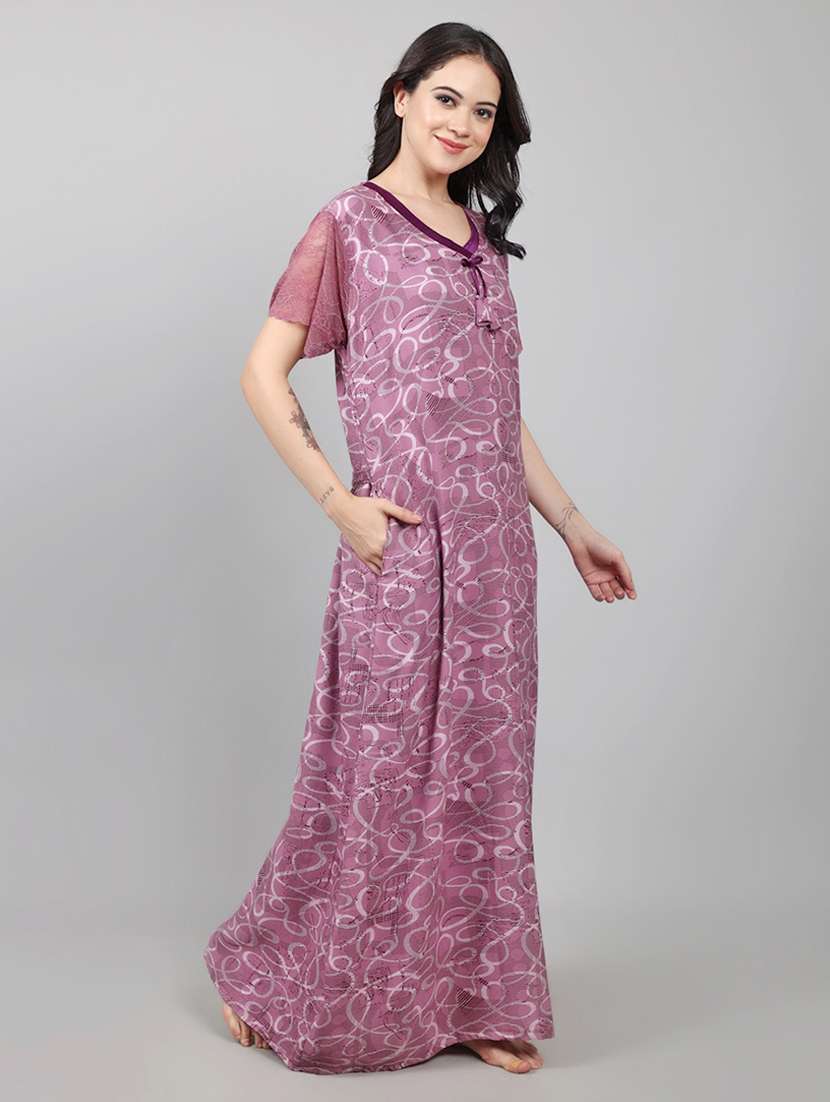 women printed short sleeve nighty with pocket - 22140930 -  Standard Image - 3
