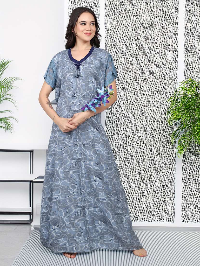 women printed short sleeve nighty with pocket