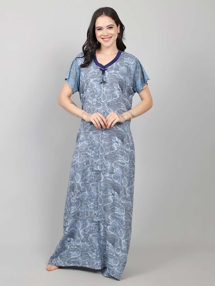 women printed short sleeve nighty with pocket - 22140931 -  Standard Image - 3