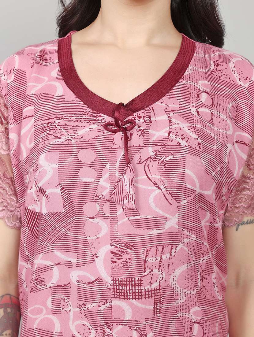 women printed short sleeve nighty with pocket - 22140932 -  Standard Image - 5