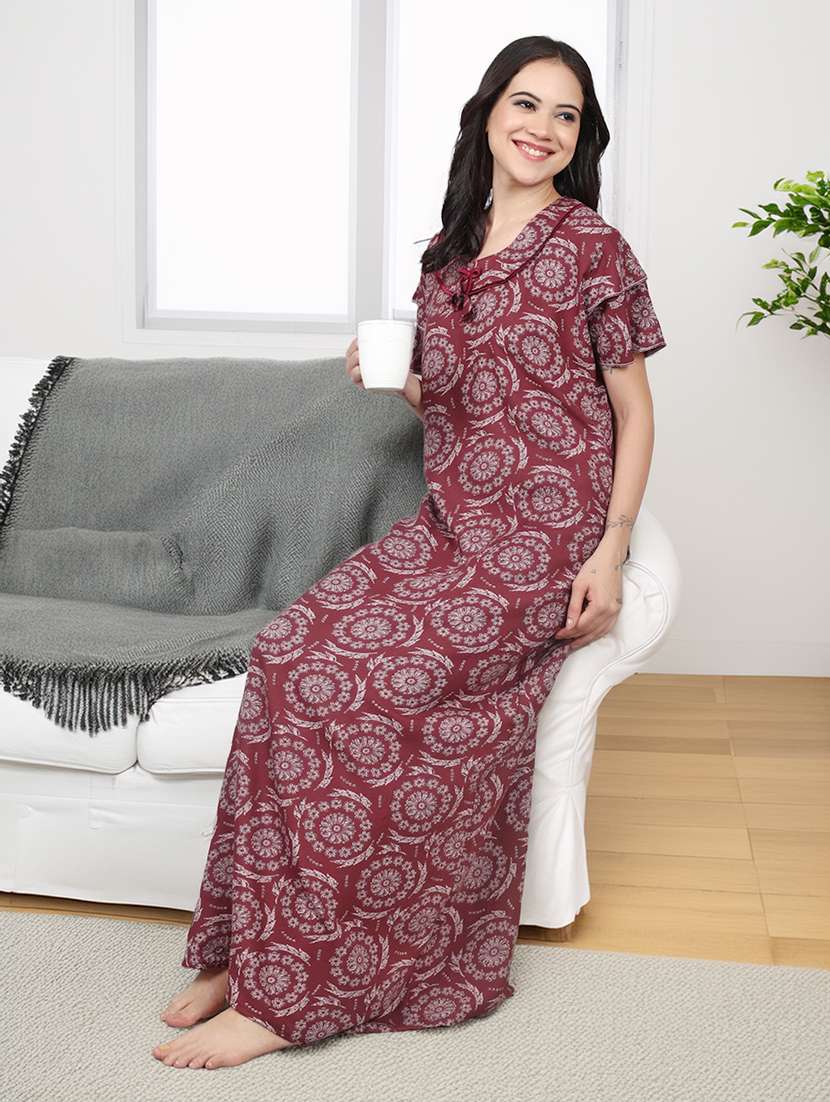 women printed short sleeve nighty with pocket