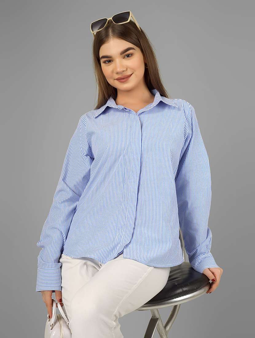 women striped collared long sleeve shirt - 22140963 - Zoom Image - 0