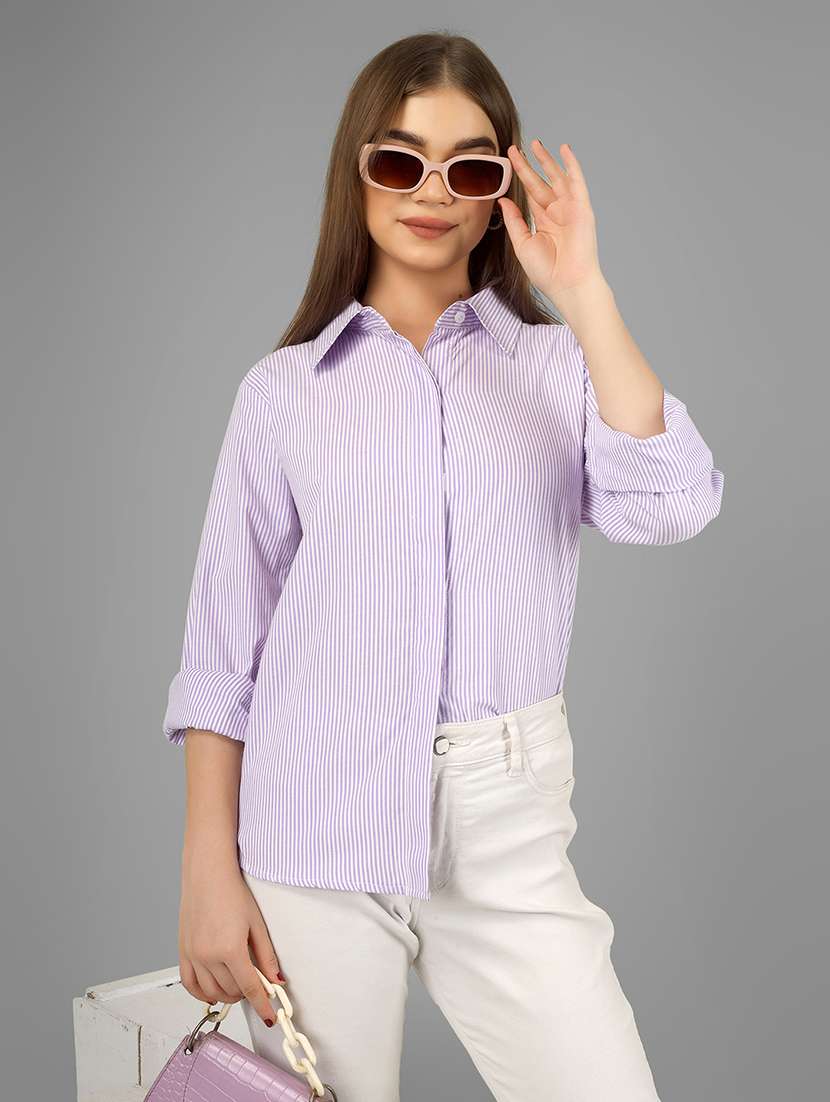 women striped collared long sleeve shirt - 22140965 -  Zoom Image - 0