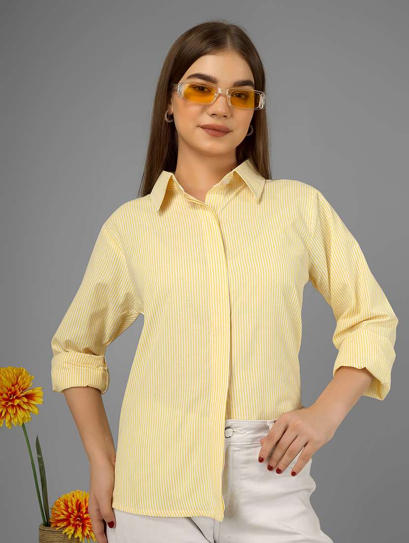 women striped long sleeve collared shirt